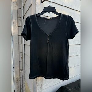 White Crow Classic Black Short-Sleeve V-Neck Tee with Button Detail